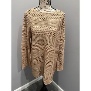 Womens Tan Open Crochet Knit Long Sleeve Oversized Sweater Top Size Medium